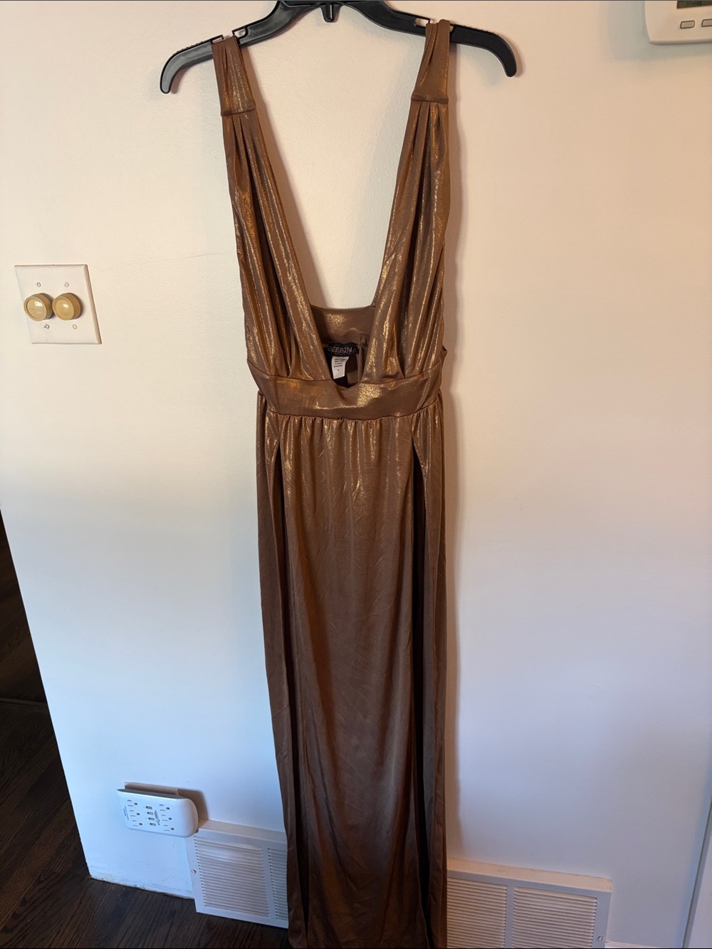 Metallic Goldish/Brown Sleeveless Deep-V Dress